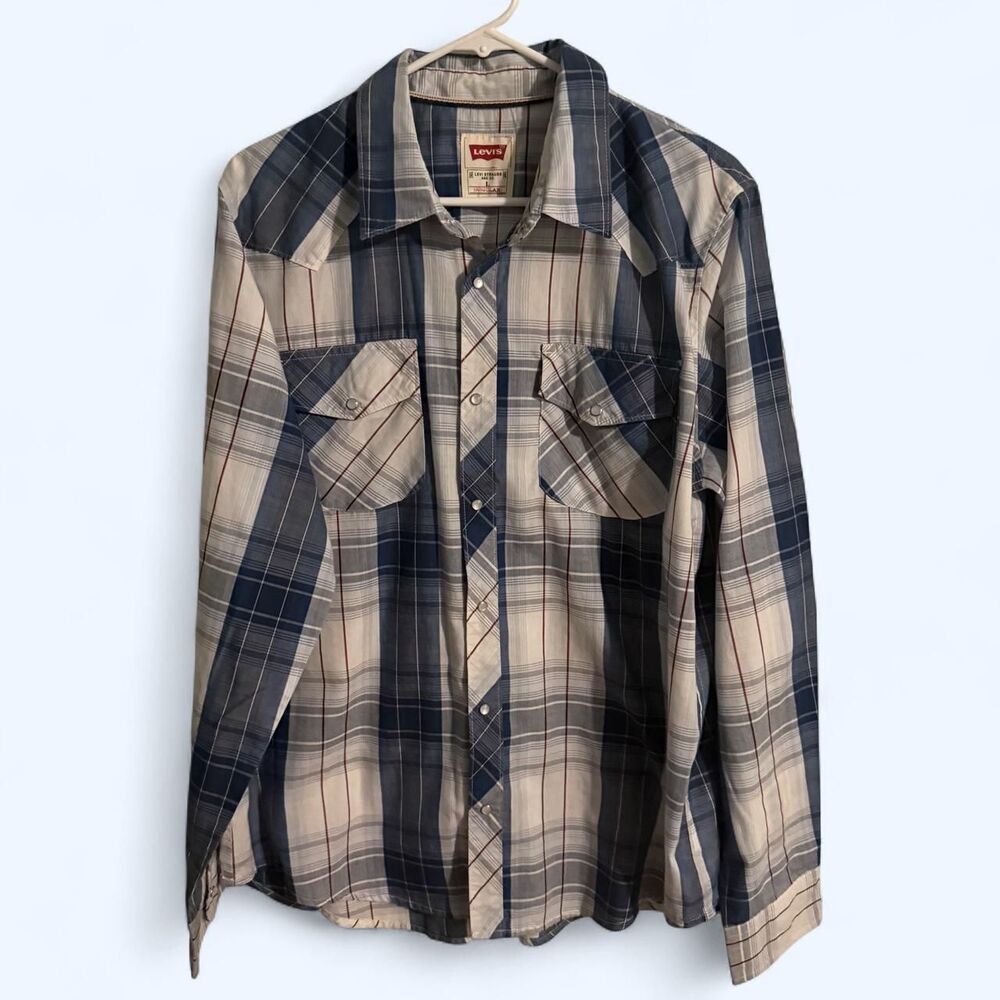 Levi's Western Pearl Snap Shirt Mens L Blue Plaid Cowboy Long Sleeve
